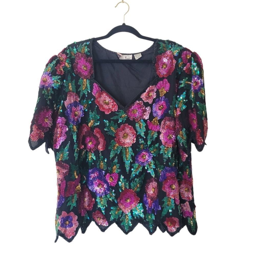 Laurence Kazar Vintage Floral Silk Beaded Top